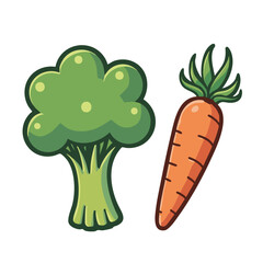 Cute Cartoon Broccoli and Carrot with Green Leaves