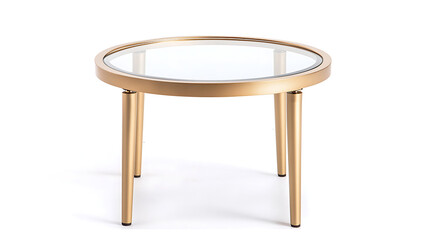 Fototapeta premium A small modern coffee table with a round glass top and gold-finished metal legs, on a white background.