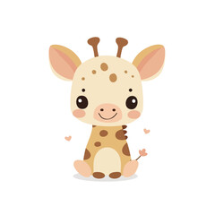 Cute Cartoon Baby Giraffe Sitting with Heart Shapes