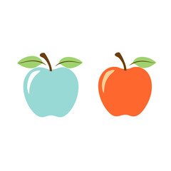 Stylized Blue and Orange Apples with Green Leaves