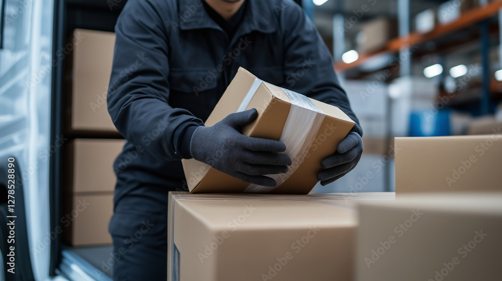 Poster the hands of a dedicated worker securing a fragile package among the neatly arranged boxes inside an