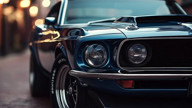 an American muscle car, highlighting its bold front grille, polished chrome, and aggressive stance.