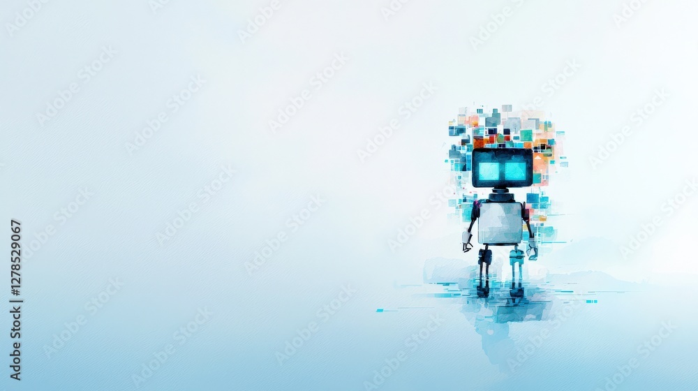 Poster a robot is standing in front of a white background