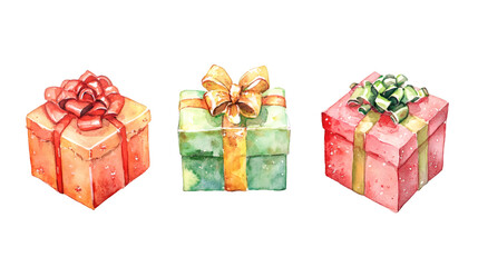 Fototapeta premium Watercolor gift boxes with vibrant ribbons, artfully arranged, symbolizing celebration and thoughtful giving against clean transparent backdrop
