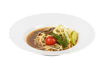 A white plate with noodles, broccoli, and tomatoes on white
