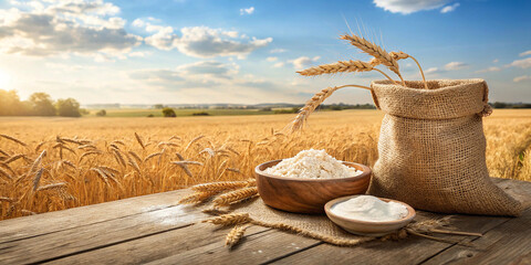 Golden wheat field, rustic wooden table, sack of flour, bowl of flour, wheat stalks, bright sunlight, blue sky, puffy clouds, golden hour, harvesting season, rural landscape, farm scenery, warm tones,