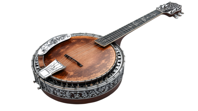 Five-string banjo isolated on transparent background, highlighting its wooden body, metal details, and strings, perfect for music-related projects