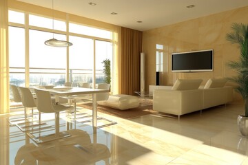 Fototapeta premium Modern luxury apartment living room with dining area and city view.