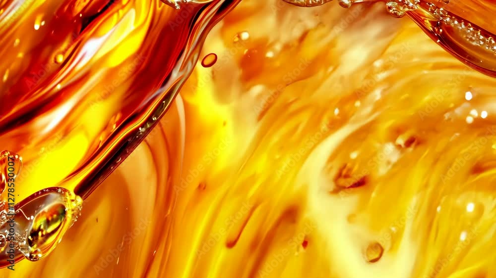 Poster beautiful golden liquid swirling with bubbles in a dynamic and energetic display of color and moveme