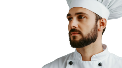 Professional chef in classic white attire looking sideways, medium close-up against translucent background