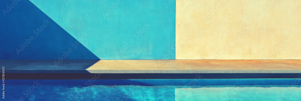 Poster ultramarine and beige wall texture with shadows and tranquil pool reflection