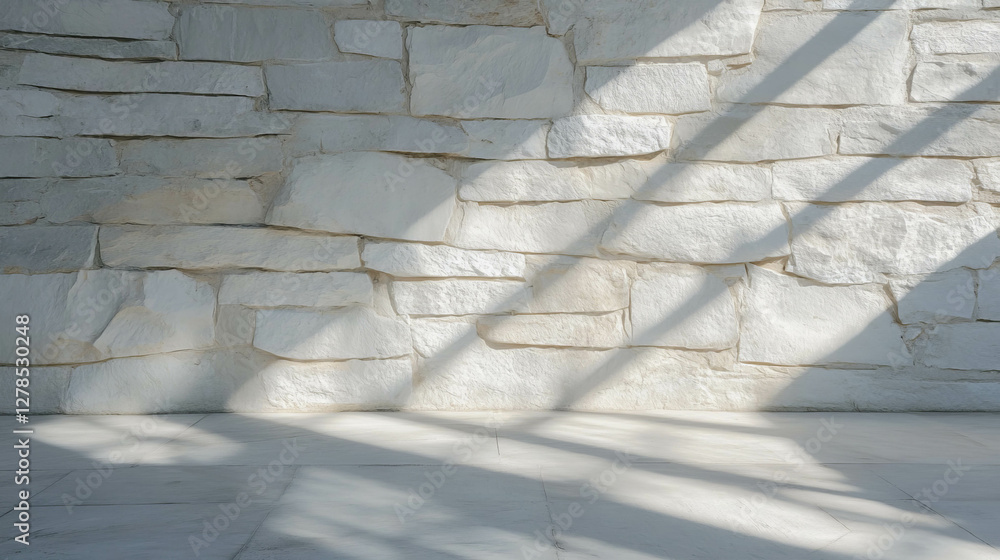 Poster sunlit textured white brick wall with shadows for architectural design and background