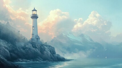 Lighthouse on a Misty Coastal Cliff, Serene Seascape Painting