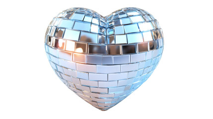 Shiny heart-shaped disco ball reflecting warm light, perfect for Valentine's Day or romantic celebrations, with transparent background