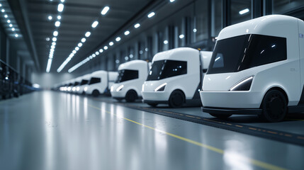 A futuristic logistics center where white trucks are perfectly aligned for loading, with automated conveyor belts feeding neatly arranged packages into their spacious cargo holds.