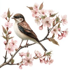 Beautiful Sparrow Perched on Cherry Blossom Branch Capturing the Essence of Springtime Nature and Wildlife