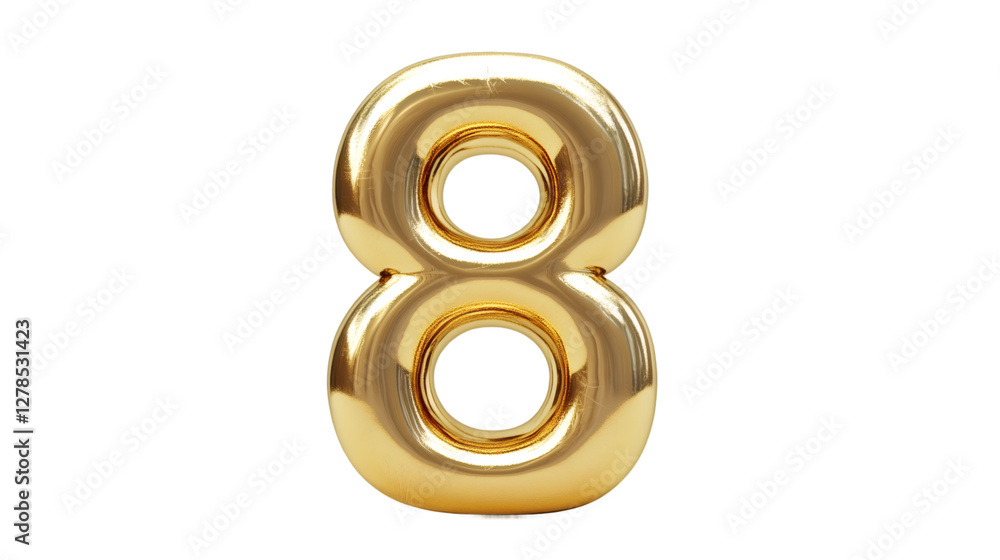 Poster 3d rendering of a golden number eight balloon floating on transparent background, perfect for compositions
