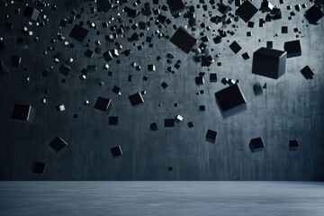 Dark room with many falling black cubes.