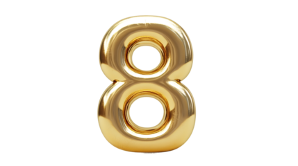 3d rendering of a golden number eight balloon floating on transparent background, perfect for compositions