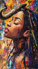 An abstract painting of the head and neck profile portrait, woman and cow
