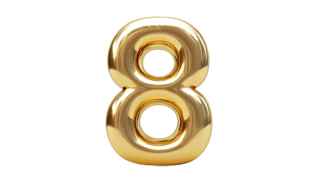 3d rendering of a golden number eight balloon floating on transparent background, perfect for compositions
