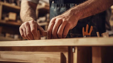 A carpenter's hands carefully shape a wooden piece in a workshop filled with tools and warm lighting emphasizing craftsmanship and precision
