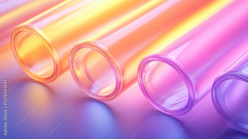 Poster colorful glass tubes arranged in a row with vibrant light reflections creating an artistic display