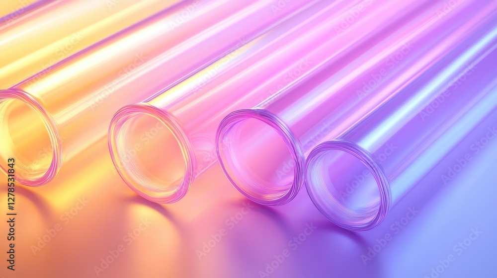 Poster colorful translucent tubes arranged in a gradient on a smooth surface under ambient light during a c