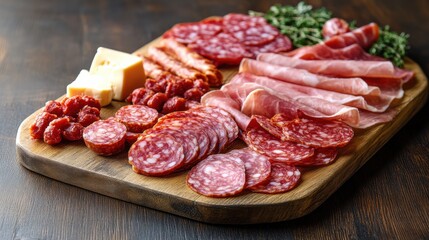 Obraz premium Charcuterie board display featuring assorted cured meats and cheeses arranged on a wooden platter