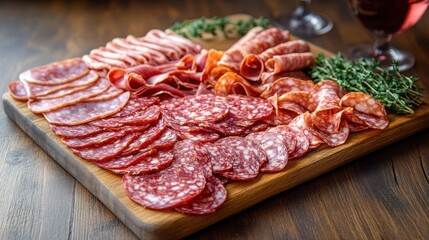 Obraz premium Charcuterie board featuring various types of cured meats arranged elegantly on a wooden platter with fresh herbs