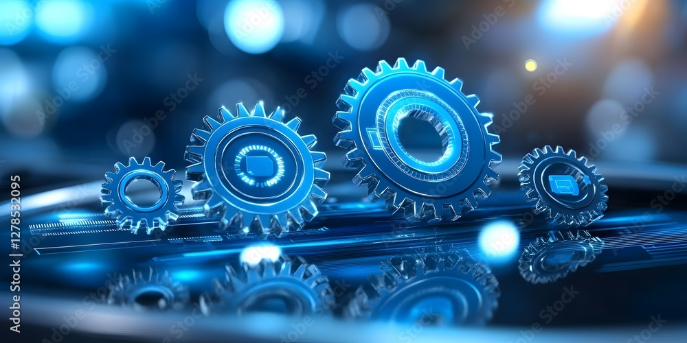 Poster dynamic gears icon on digital display with reflection technology concept modern environment abstract