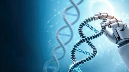 A robotic hand holds a glowing DNA double helix against a sky blue background, showcasing AI advancements in genetics, Robot in healthcare, medical robots, robotic surgery - Powered by Adobe