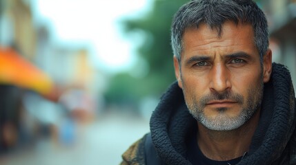 Obraz premium Gray-haired man poses thoughtfully outside shops in a vibrant urban setting on a cloudy day