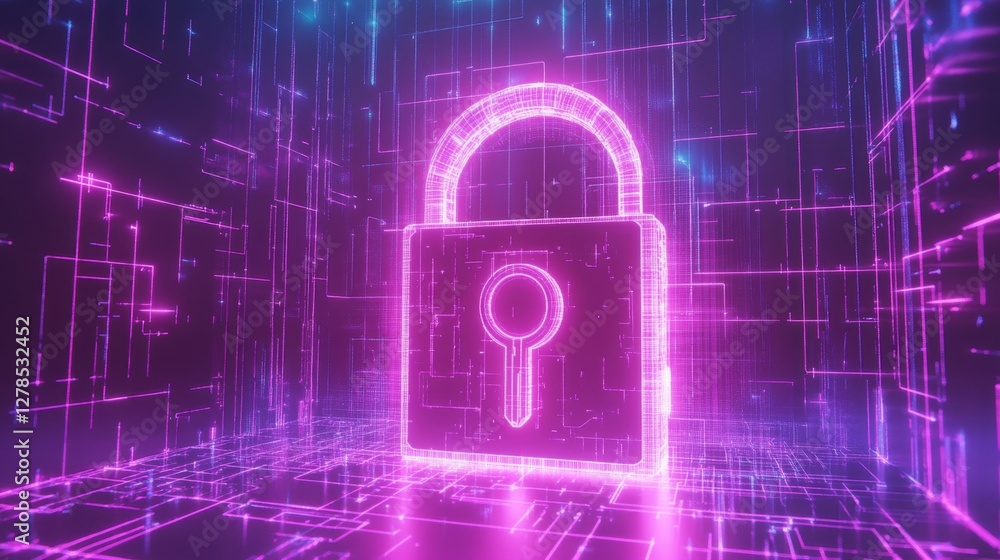 Poster holographic 3d lock with ai key projections in digital space