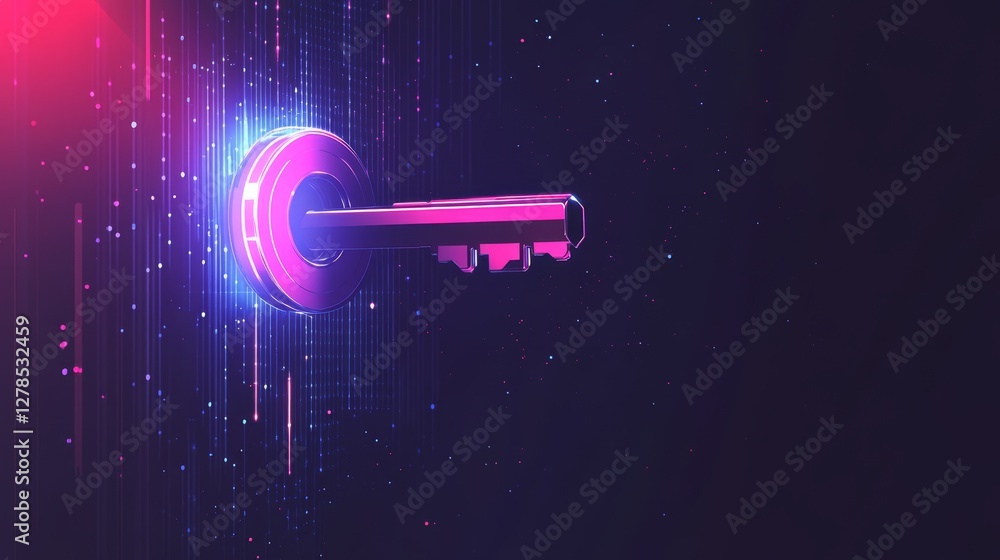 Poster glowing key inserted into digital design with flat background
