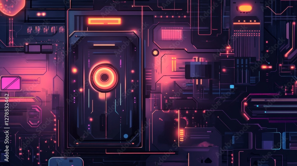 Poster futuristic neon lock and key design with ai elements and technology