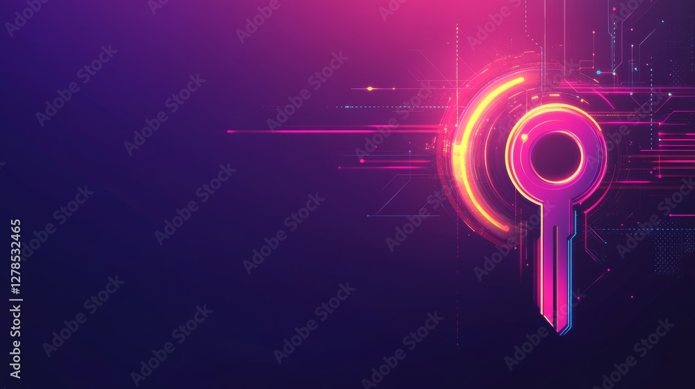 Poster glowing key inserted into digital flat design background