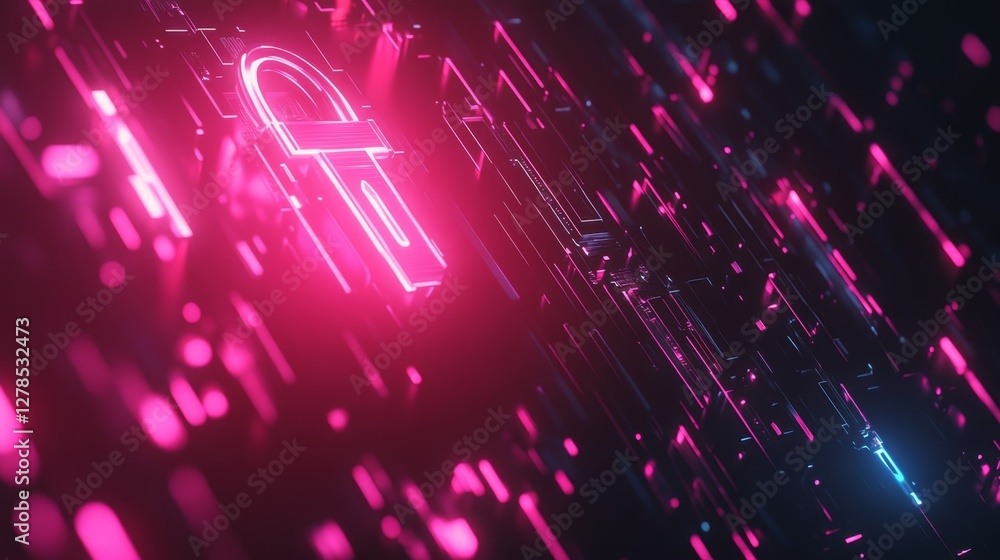 Poster 3d glowing lock and key set in high-tech digital environment