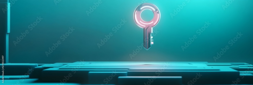 Poster futuristic floating key in high-tech digital environment