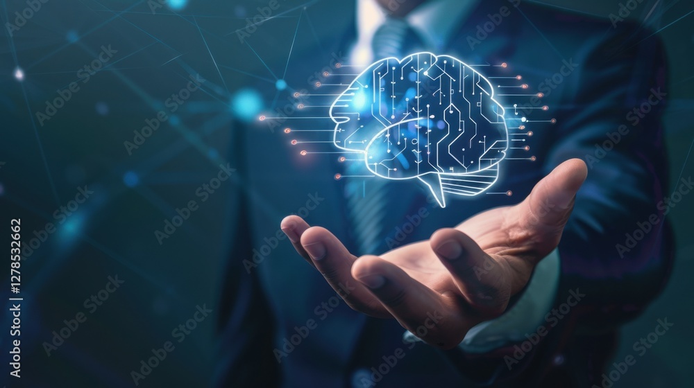 Aufkleber innovative technology concept showing a human hand holding a digital brain representation with circu