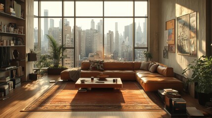 A cozy, modern living room featuring a large window with a city view, a comfortable couch, and plants, bathed in warm sunlight.