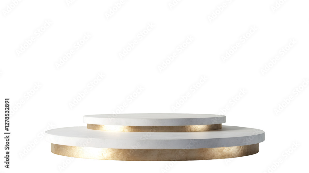 Poster 3d rendering of two empty white round podiums with gold edges on transparent background, ideal for showcasing products