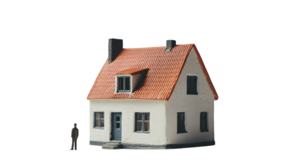 Small house model with red roof and businessman figurine, isolated on transparent background, representing real estate investment and property ownership
