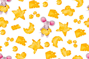 Mouse and cheese seamless background. Kids food pattern. Cute cartoone rat hold cheese piece heart form. Love set. Hand drawn illustration on isolated background