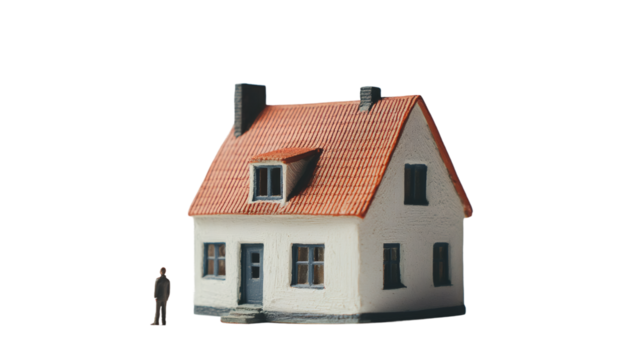 Small house model with red roof and businessman figurine, isolated on transparent background, representing real estate investment and property ownership - Powered by Adobe