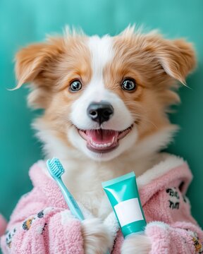 Realistic photo of dog  wearing cozy pajamas , smiling widely showing full set of teeth.the dog hold a toothbrush and toothpaste tube with blank label  in its hands. Realistic photo of dog influencer.