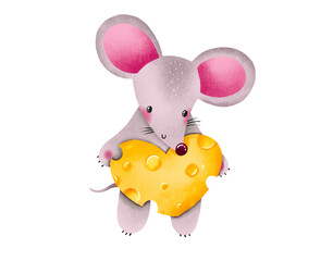 Mouse. Cute cartoone rat hold cheese piece heart form. Love set. Hand drawn illustration on isolated background