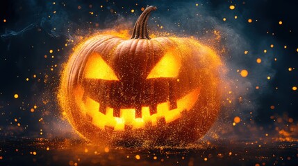 Naklejka premium Brightly glowing jack-o'-lantern surrounded by swirling sparks at a Halloween celebration in autumn with dim lighting