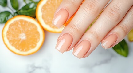 Close-up of hands with nude manicure on white background,  with oranges