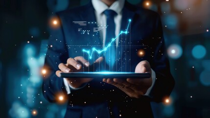 Business professional analyzes financial growth trends using digital tablet in a modern office environment at night